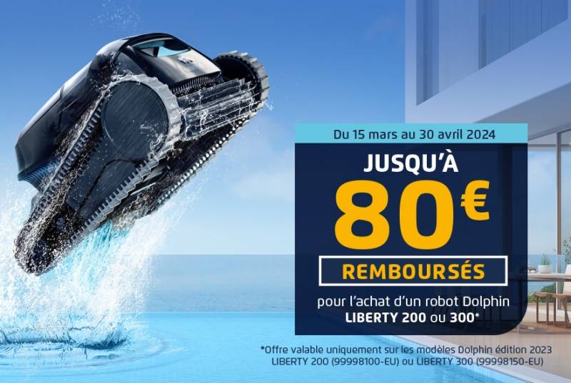 Profitez d'une offre de remboursement jusqu'à 80€ sur un robot de piscine sans fil Dolphin Liberty 200 et 300